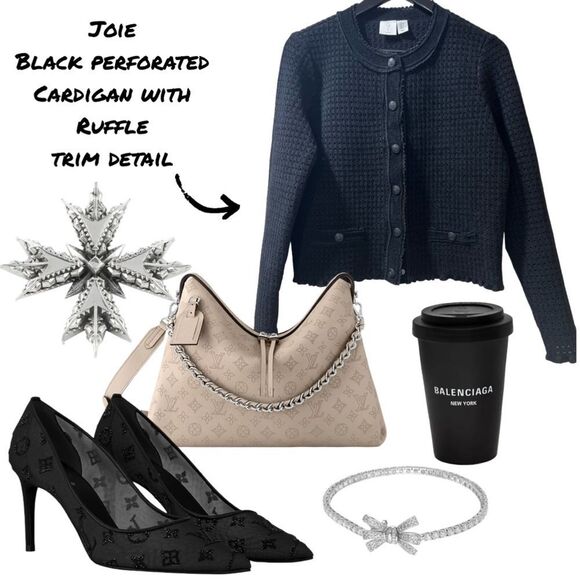 Joie Black Knit Perforated Cardigan With Knit Ruffle Detail - Picture 1 of 1